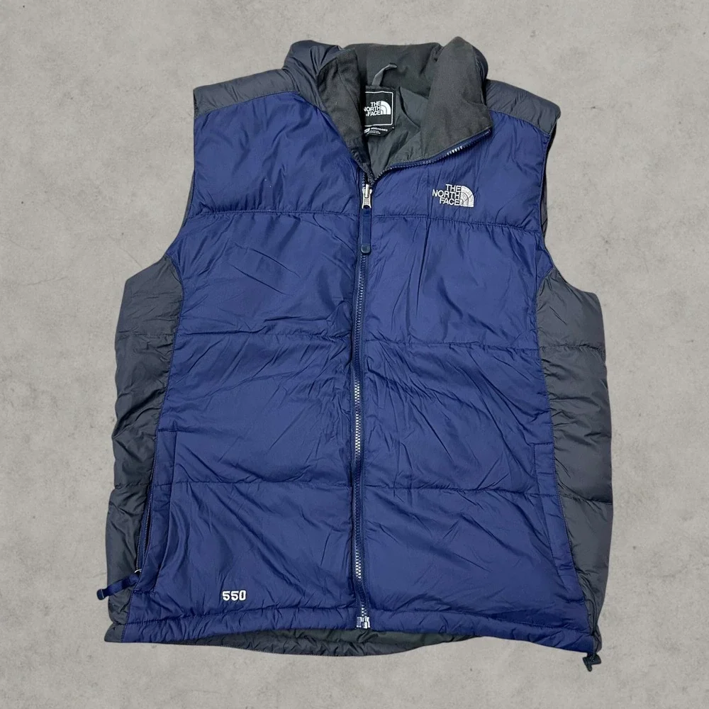The North Face 550 Down Puffer Vest Mens Large Blue Grey Quilted Full Zip